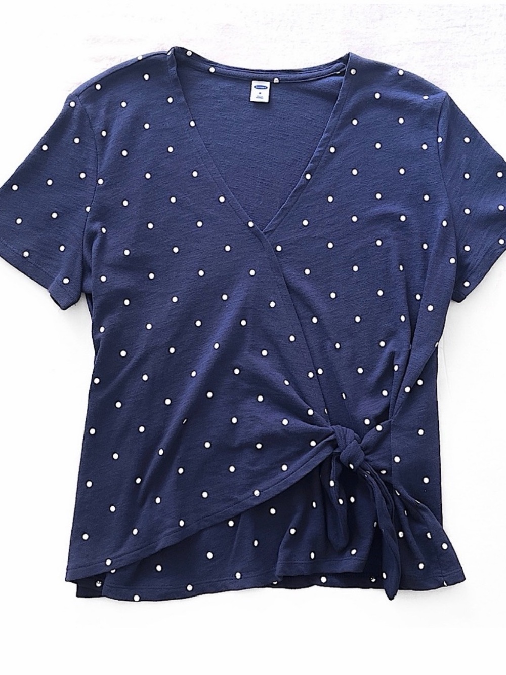 Old Navy Navy and White Polka Dot Side-Tie Wrap Tee